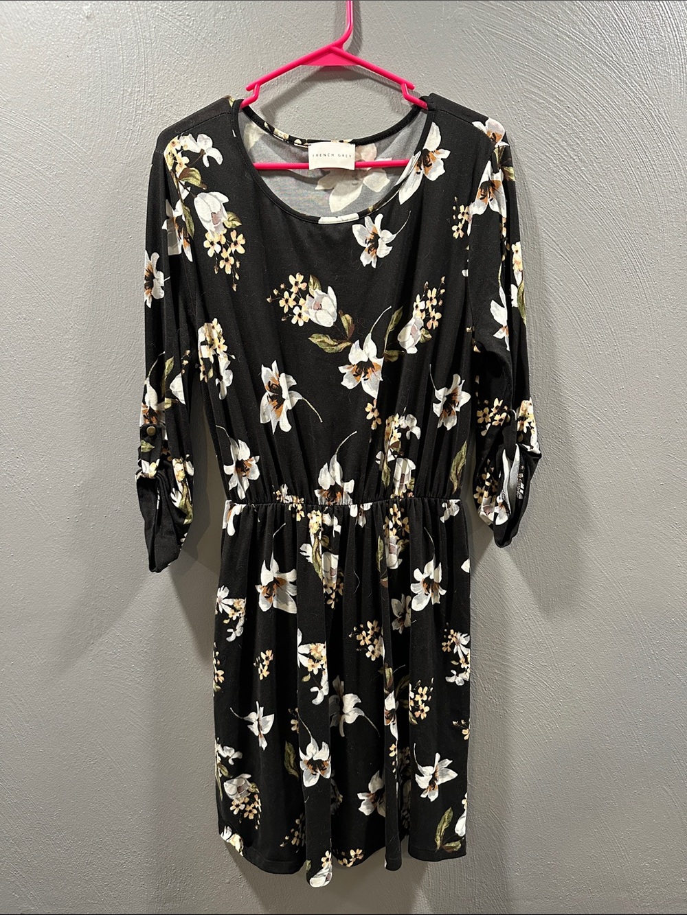 French Grey Black Floral Midi Dress with Scoop Neck